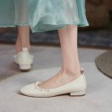 Thick heel round head women's new summer 2021 pleated pearl simple Korean shallow mouth soft sole Doudou women's single shoe