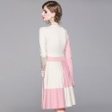 1920403-2021 early autumn new color matching knitted lace up neckline waist down stripe slim sweet dress