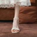 2021 summer Korean elegant beaded belt thick heel lady sandals fashion open toe one line back pack high heels