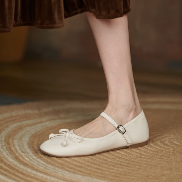 2021 summer new round head flat heel bow Mary Jane single shoes shallow mouth Korean version simple Doudou shoes button