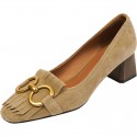 2021 summer new shallow thick heel frosted simple metal decorative single shoes Korean thick heel round head tassel single shoes