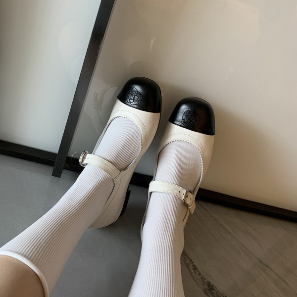 French flat bottom Mary Jane shoes camellia flower doll shoes one button black and white color matching ballet shoes