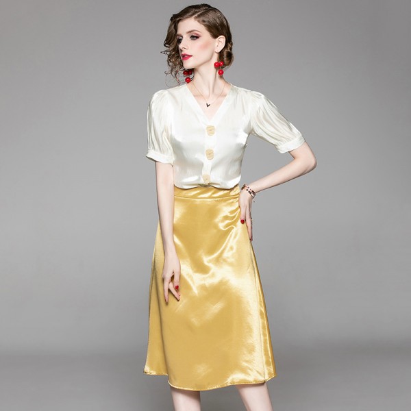 1916308-2021 summer new women's design V-neck Top + solid hip half skirt two piece suit