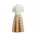 2004303-2021 spring and summer French New temperament mesh stitching sweater + plaid skirt two piece suit