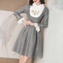 194003-2021 early spring new temperament celebrity commuting retro Plaid Nail Drill lace stitching slim fitting dress