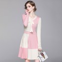 1920403-2021 early autumn new color matching knitted lace up neckline waist down stripe slim sweet dress