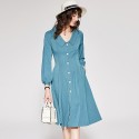 1924305-2021 autumn French new style women's slim fashion retro age reduced Lapel solid color medium dress