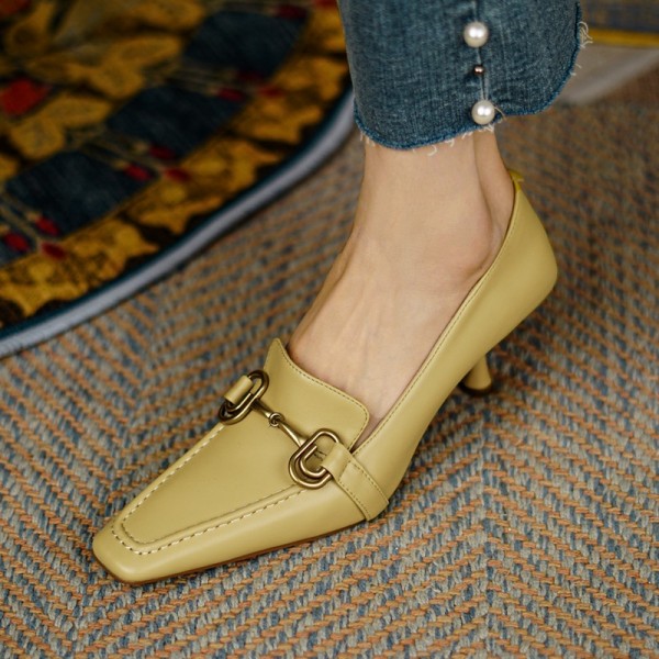 French small square head simple metal button medium heel shoes 2021 new Korean thin heel wine cup with sexy high heels