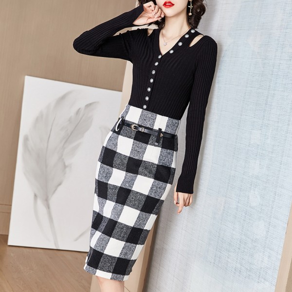 1936306-2021 autumn and winter new wool retro Plaid slim knitting temperament celebrity two piece suit