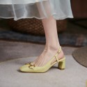Keep money! Fashionable ~ square head metal button thick heel back empty single shoes high heel Baotou yellow sandals women's summer