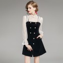 1935203-2021 autumn and winter new sexy perspective mesh top + retro velvet strap skirt two piece suit