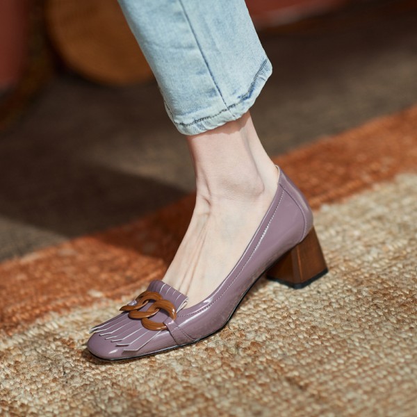 French style retro tassel single shoes women's 2021 new style square head thick heel small shoes with shallow mouth and simple one foot high heels