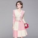 1920403-2021 early autumn new color matching knitted lace up neckline waist down stripe slim sweet dress