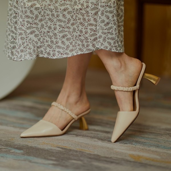 2020 calfskin pointed calf Mid Heel thin heel half slipper Xia Xin Baotou profiled heel high heel sandal women's shoes