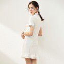 2006508-2021 spring and summer new youth age reduction polo collar nail bead simple retro Ruffle Dress