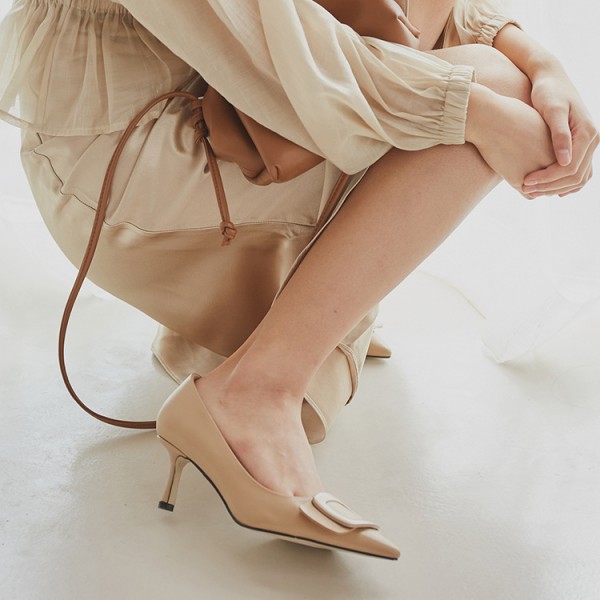 Square button nude pointed high heels women's new sexy style in spring 2020