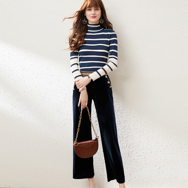 1937308-2021 autumn and winter new French retro stripe slim knit velvet wide leg pants two piece suit