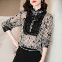 194025-2021 early spring new temperament retro flocking thousand bird Plaid lace wood ear edge Chiffon Top