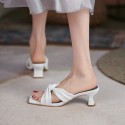Soft and comfortable full leather inside and outside 2021 summer new square bow slippers women's thick middle heel sandals