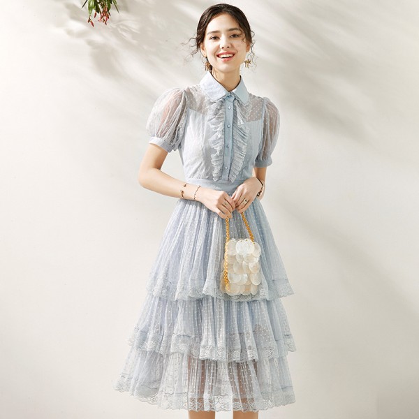 2005306-2021 spring and summer new French wave point hollowed out age reducing cake skirt gauze retro slim dress