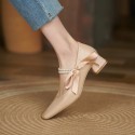 2021 summer new style square head shallow mouth simple thick heel medium heel single shoes Korean bowknot PEARL RIBBON women's single shoes