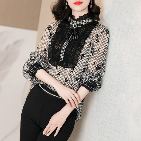 194025-2021 early spring new temperament retro flocking thousand bird Plaid lace wood ear edge Chiffon Top