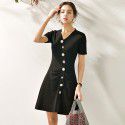 2006205-2021 spring and summer new French retro Hepburn style personalized Button Waist slim knit dress