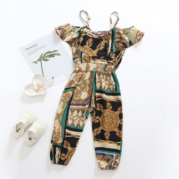 Foreign trade children's suit cross border girls' summer 2020 new suspender compass printed Jumpsuit