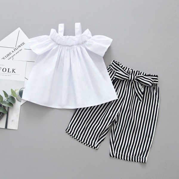 EW foreign trade children's wear 2020 summer new suit one shoulder sling short sleeve striped pants two piece set m58