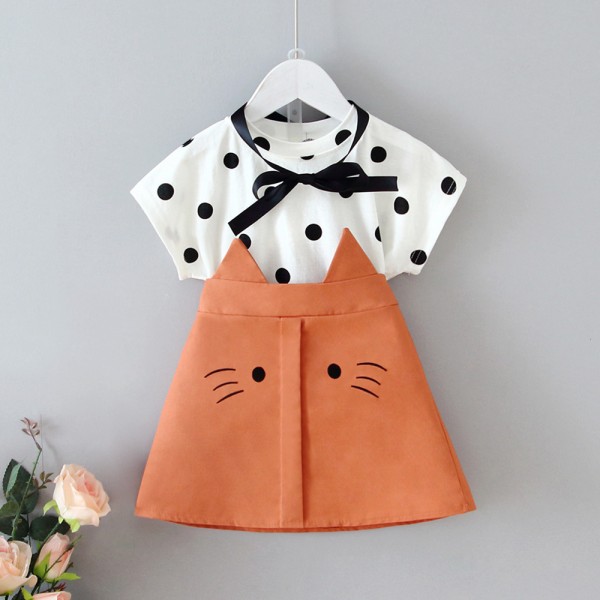 EW foreign trade children's wear 2020 summer new middle and small girls loose tie dot cat skirt suit hp16