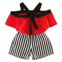 EW foreign trade children's wear summer girls' Ruffle one Neck Chiffon shirt with striped shorts two piece set tz45