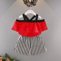EW foreign trade children's wear summer girls' Ruffle one Neck Chiffon shirt with striped shorts two piece set tz45