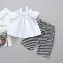 EW foreign trade children's wear 2020 summer new suit one shoulder sling short sleeve striped pants two piece set m58