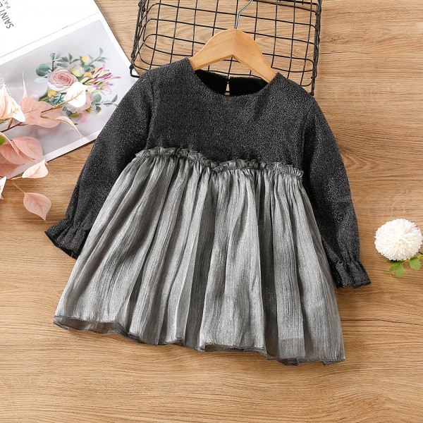 EW foreign trade children's wear 2021 autumn new girl's black gold knitting puffy dress 1887