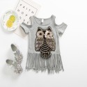 0.5 one foreign trade children's clothing European and American girls T-shirt owl long tassel short sleeve T-shirt t181