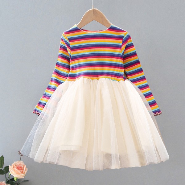 EW foreign trade children's clothing fall 2019 new girl's mesh dress rainbow stitching bottom skirt 1983-2