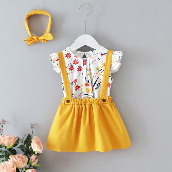 EW foreign trade children's clothing 2020 summer new girl's suit flower print top yellow strap skirt suit hp17