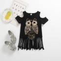 0.5 one foreign trade children's clothing European and American girls T-shirt owl long tassel short sleeve T-shirt t181