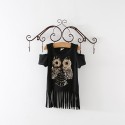 0.5 one foreign trade children's clothing European and American girls T-shirt owl long tassel short sleeve T-shirt t181