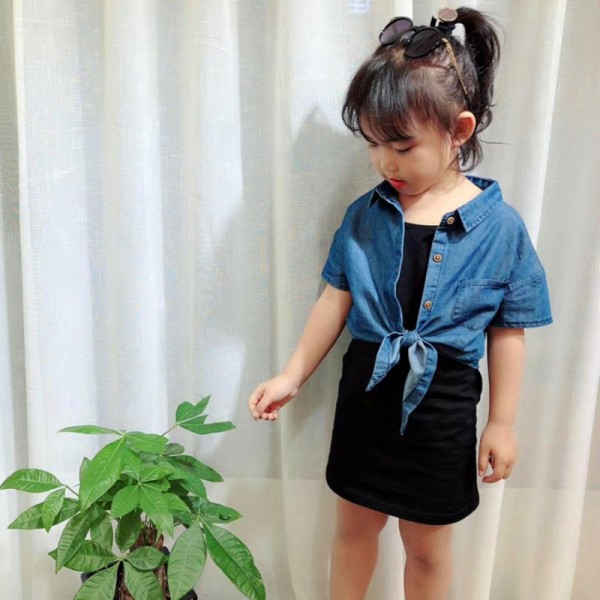 Baby children's suit denim skirt 2020 summer new Korean wash Lapel denim shirt suit skirt