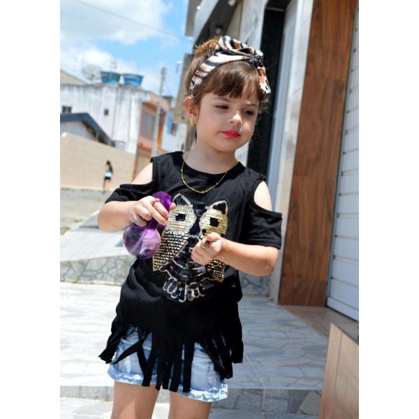 0.5 one foreign trade children's clothing European and American girls T-shirt owl long tassel short sleeve T-shirt t181