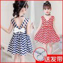 EW foreign trade children's wear 2020 Xiaxin girls wave fashion stripe V-neck open back bow dress q145-2