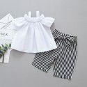 EW foreign trade children's wear 2020 summer new suit one shoulder sling short sleeve striped pants two piece set m58