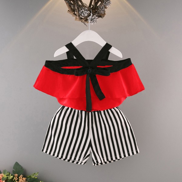 EW foreign trade children's wear summer girls' Ruffle one Neck Chiffon shirt with striped shorts two piece set tz45