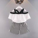 EW foreign trade children's wear summer girls' Ruffle one Neck Chiffon shirt with striped shorts two piece set tz45