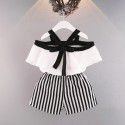 EW foreign trade children's wear summer girls' Ruffle one Neck Chiffon shirt with striped shorts two piece set tz45