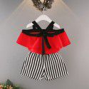 EW foreign trade children's wear summer girls' Ruffle one Neck Chiffon shirt with striped shorts two piece set tz45