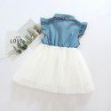 EW foreign trade children's clothing 2020 summer new dress small flying sleeve bow decoration denim gauze skirt 1956