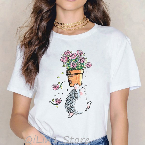 2022 summer women's short sleeved T-shirt cartoon cute little hedgehog print cross-border European Amazon bottomed shirt 