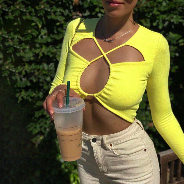European and American style 2021 summer new women's fashion design sexy hollow out short navel exposed long sleeve T-shirt for women 